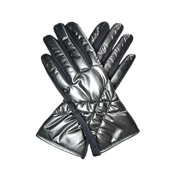 NEW Winter Puffer Gloves Sz.M 7 Gray Metallic Nylon Fleece Touchscreen Friendly - Picture 2 of 10